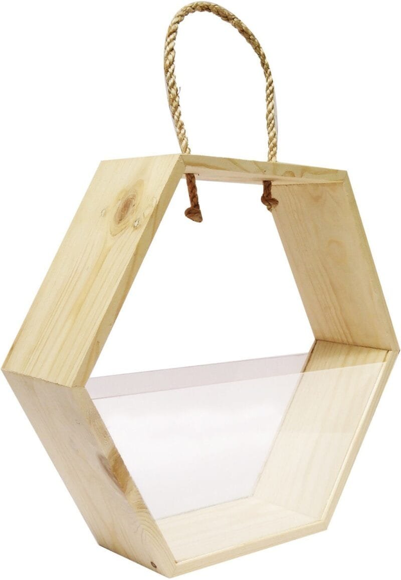 Hexagonal pine wood hamper with acrylic glass