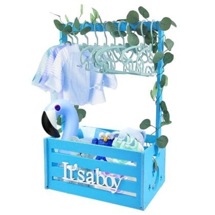 Wooden Baby Shower Crate Closet, Baby Storage Crate Hamper with Handle, Garland and 10 Clothes Hangers, Baby Shower Gifts Basket with Letters for Girl Boy Pregnancy Gift (Blue)