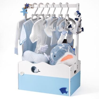 Wooden Baby Shower Crate Closet, Baby Storage Crate Hamper with Handle, Garland and 10 Clothes Hangers, Baby Shower Gifts Basket with Letters for Girl Boy Pregnancy Gift (Blue) V2
