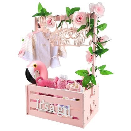 Wooden Baby Shower Crate Closet, Baby Storage Crate Hamper with Handle, Garland and 10 Clothes Hangers, Baby Shower Gifts Basket with Letters for Girl Boy Pregnancy Gift (Pink)