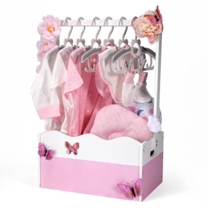 Wooden Baby Shower Crate Closet, Baby Storage Crate Hamper with Handle, Garland and 10 Clothes Hangers, Baby Shower Gifts Basket with Letters for Girl Boy Pregnancy Gift (Pink) v2