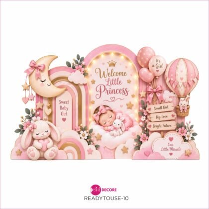 SiRi DECORE Welcome Little Princess Baby Girl Decorative Cutout 11 x 17 Inch | Premium Pink & Gold Design with Sleeping Baby, Bunny, Hot Air Balloon, Moon & Rainbow | Baby Shower, Newborn Welcome & Gift Hamper Decoration