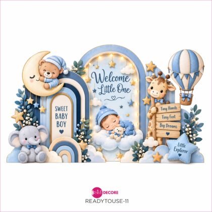 SiRi DECORE Welcome Little One Baby Boy Decorative Cutout 11 x 17 Inch | Premium Blue & Gold Newborn Theme with Sleeping Baby, Teddy Bear, Elephant, Giraffe, Moon & Hot Air Balloon | Baby Shower & Gift Hamper Decoration
