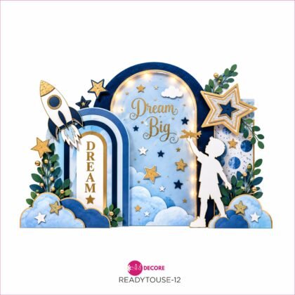 SiRi DECORE Dream Big Decorative Cutout for Kids 11 x 17 Inch | Premium Blue & Gold Space Theme with Rocket, Stars, Clouds & Little Boy Silhouette | Baby Boy Hamper, Birthday Gift Tray & Nursery Decoration