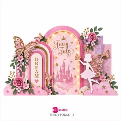 SiRi DECORE Fairy Tale Decorative Cutout for Girls 11 x 17 Inch | Premium Pink & Gold Princess Theme with Fairy Wings, Butterflies, Castle & Floral Design | Baby Girl Hamper, Birthday Gift Tray & Newborn Welcome Decoration